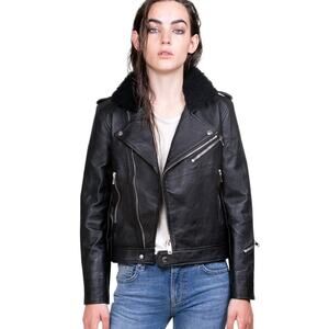 Deadwood Avery Recycled Leather Black Motorcycle Biker Jacket Fur Collar 38 XS/S